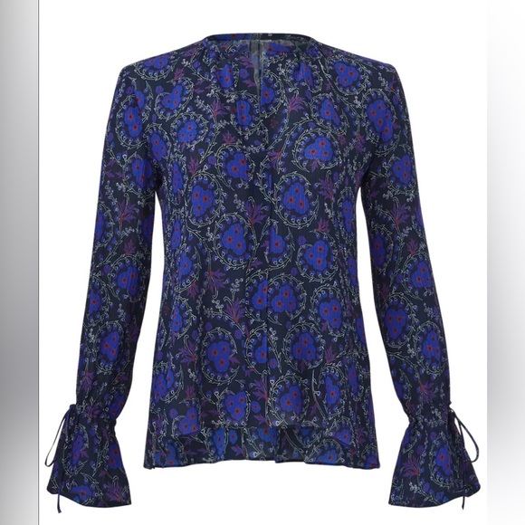 DEREK LAM 10 CROSBY Blue Silk Collarless Blouse Bell Sleeves Size 2 - Picture 4 of 6